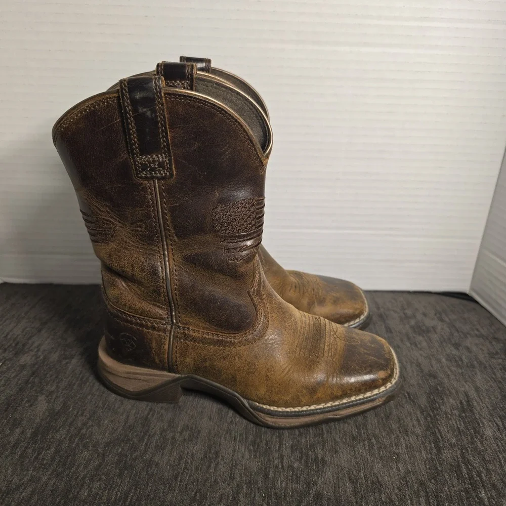 Ariat Kids Distressed Brown Leather American Flag Square Toe Western Boots Sz 11